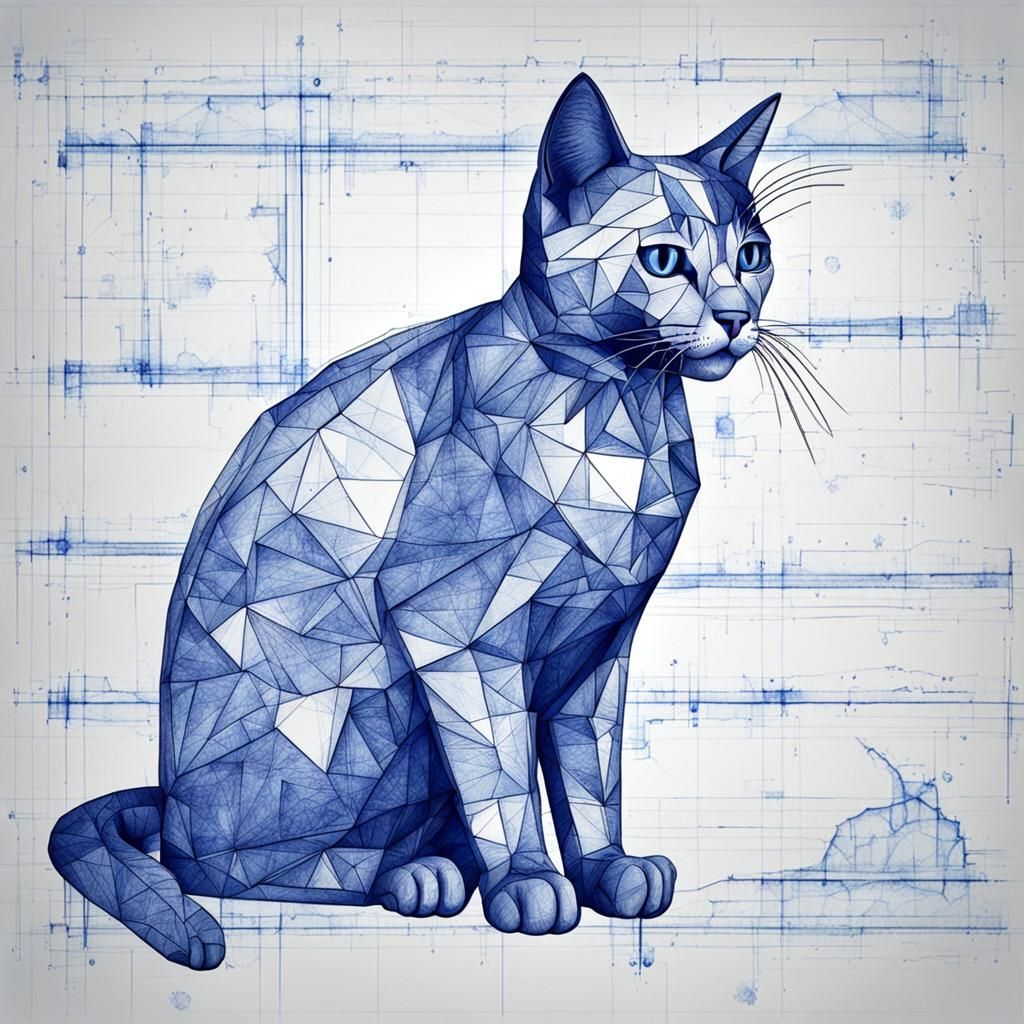 Blueprint Style Cat Illustration