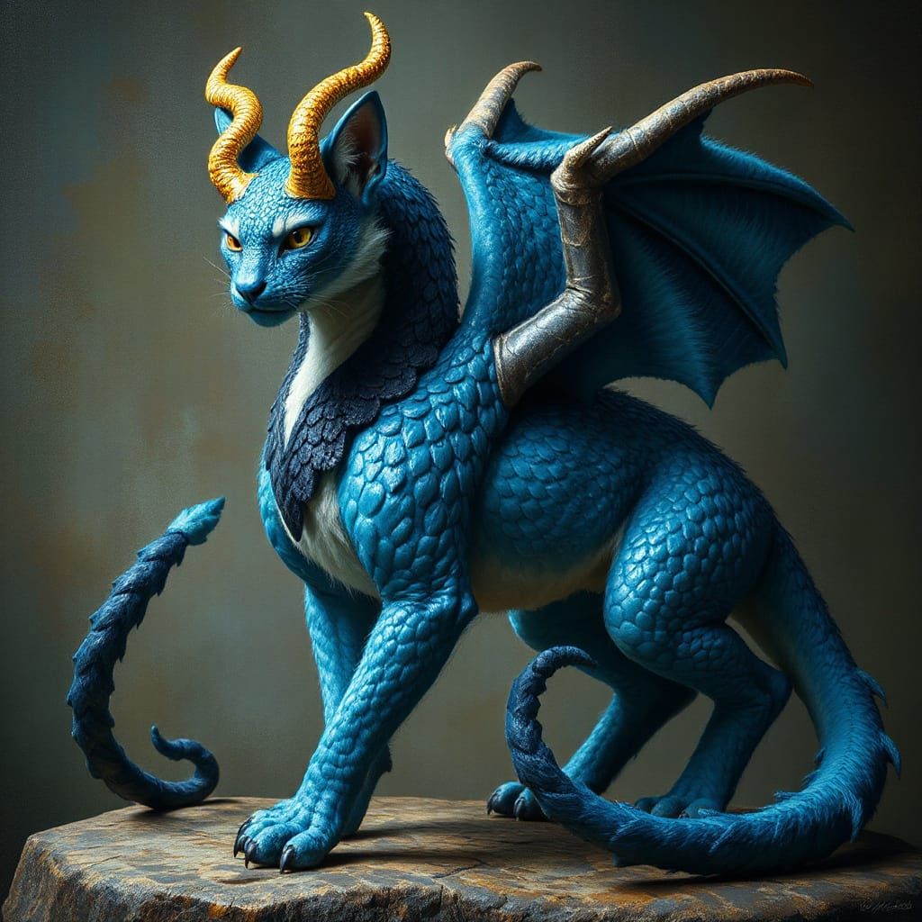 Majestic Blue Feline Dragon with Black Scales and Wings