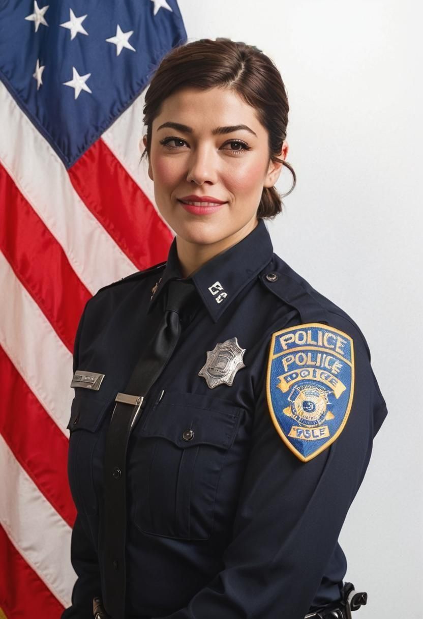 Female Police Officer in Uniform with American Flag