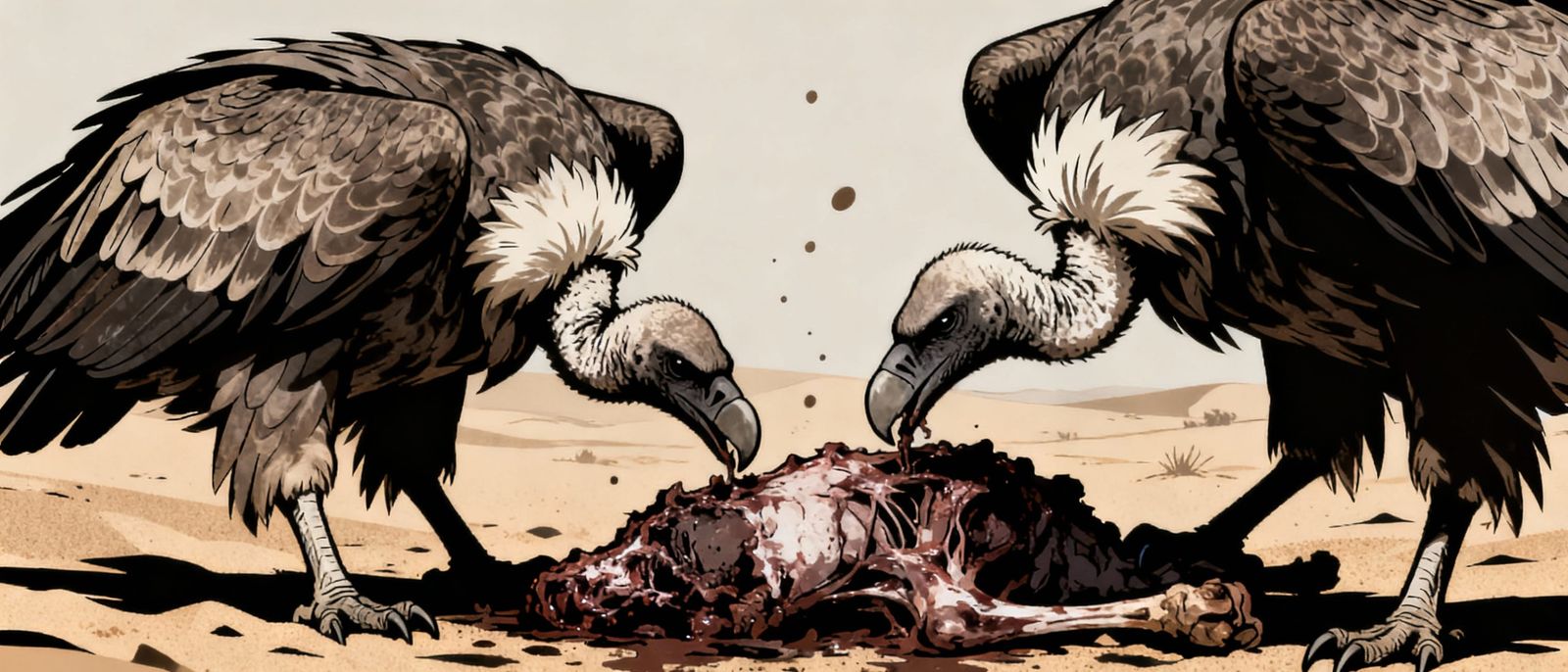 Vultures Devour Carcass in Desert, Cel-Shaded Style