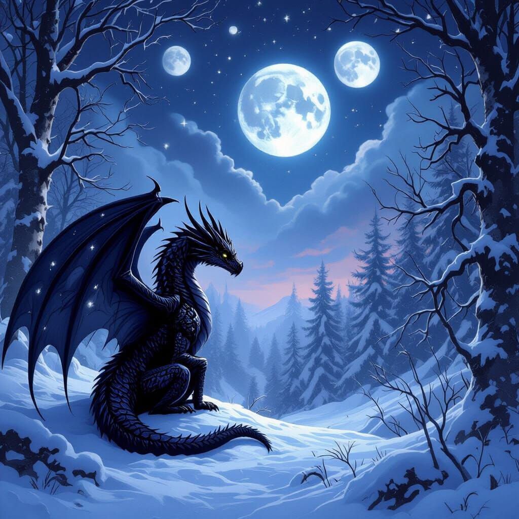 Black Ice Dragon with Night Sky Wings in Snowy Forest