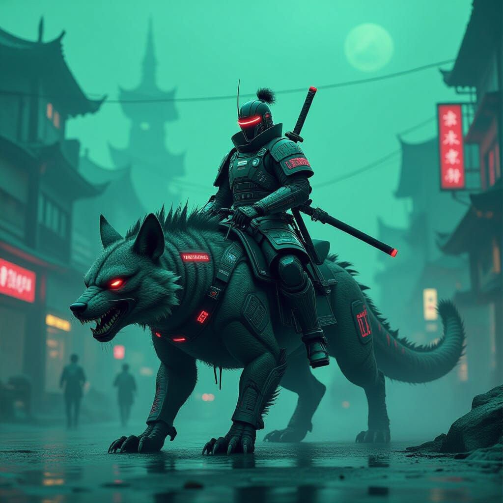 Cyberpunk Samurai Rides Dragon-Hyena Under Toxic Sky