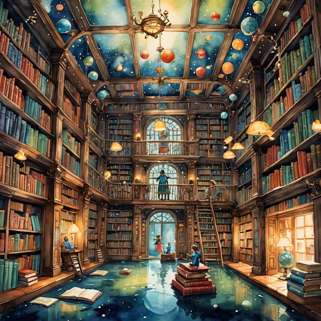 Enchanted Fantasy Library with Floating Books in Watercolor