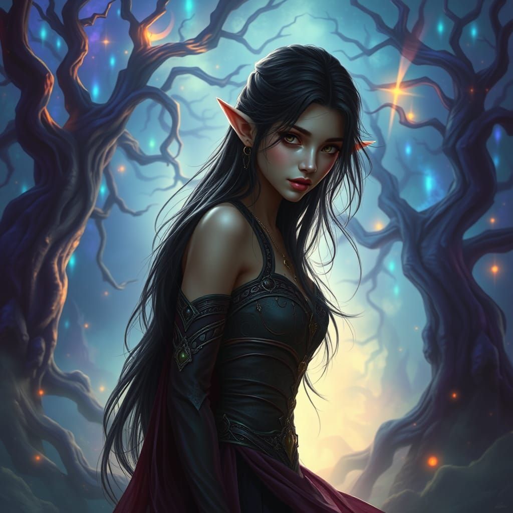 Mystical Elf Woman in Dreamlike Landscape