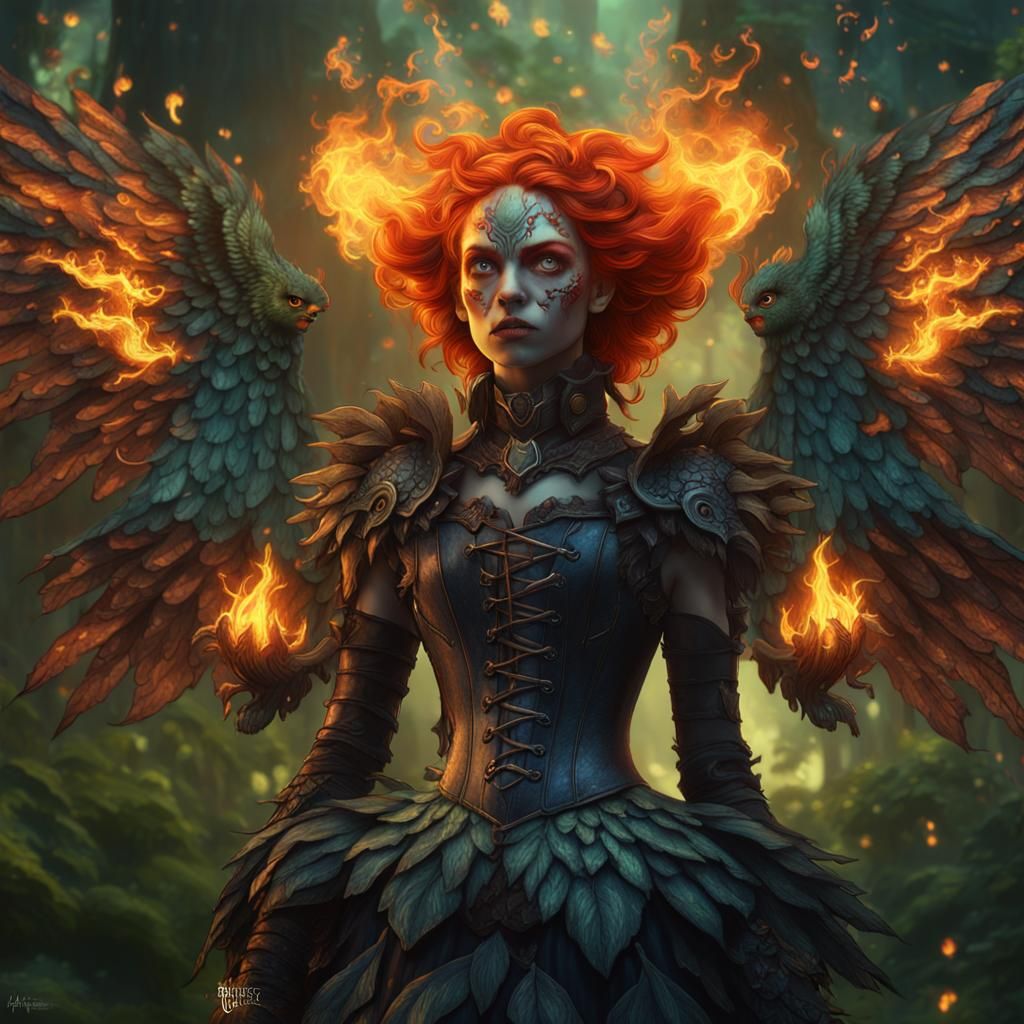 Gothic Avocado Dryad Angel with Flaming Hair