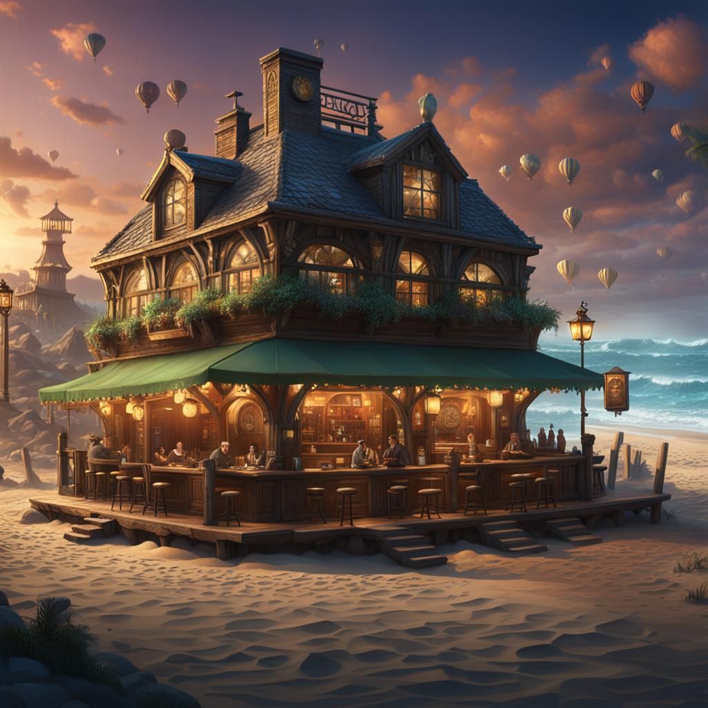 Luxurious Beachside Pub: Detailed Fantasy Concept Art