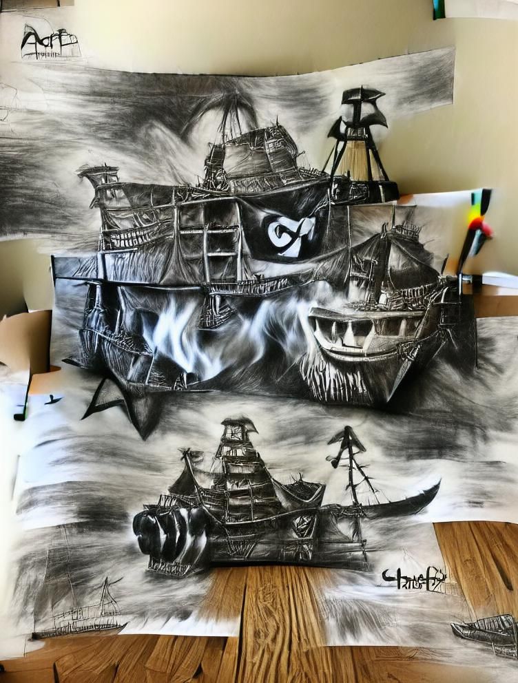 Dramatic Charcoal Drawing of a Pirate Ship