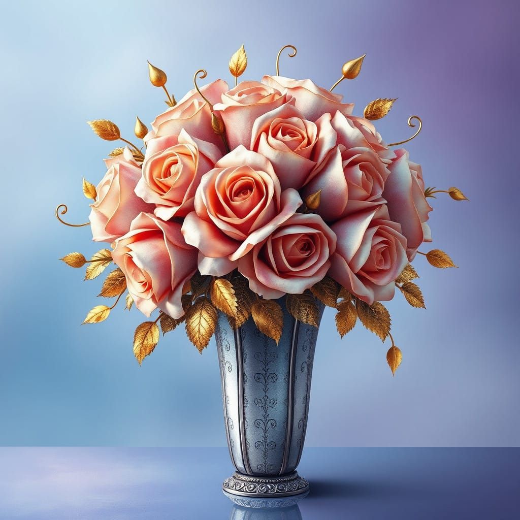 Luxurious Dreamy Gold Rose Bouquet in a Silver Vase