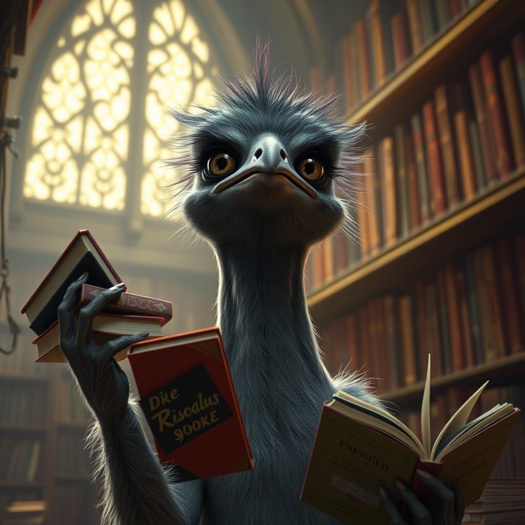 Crying Emu Juggling Books in a Library