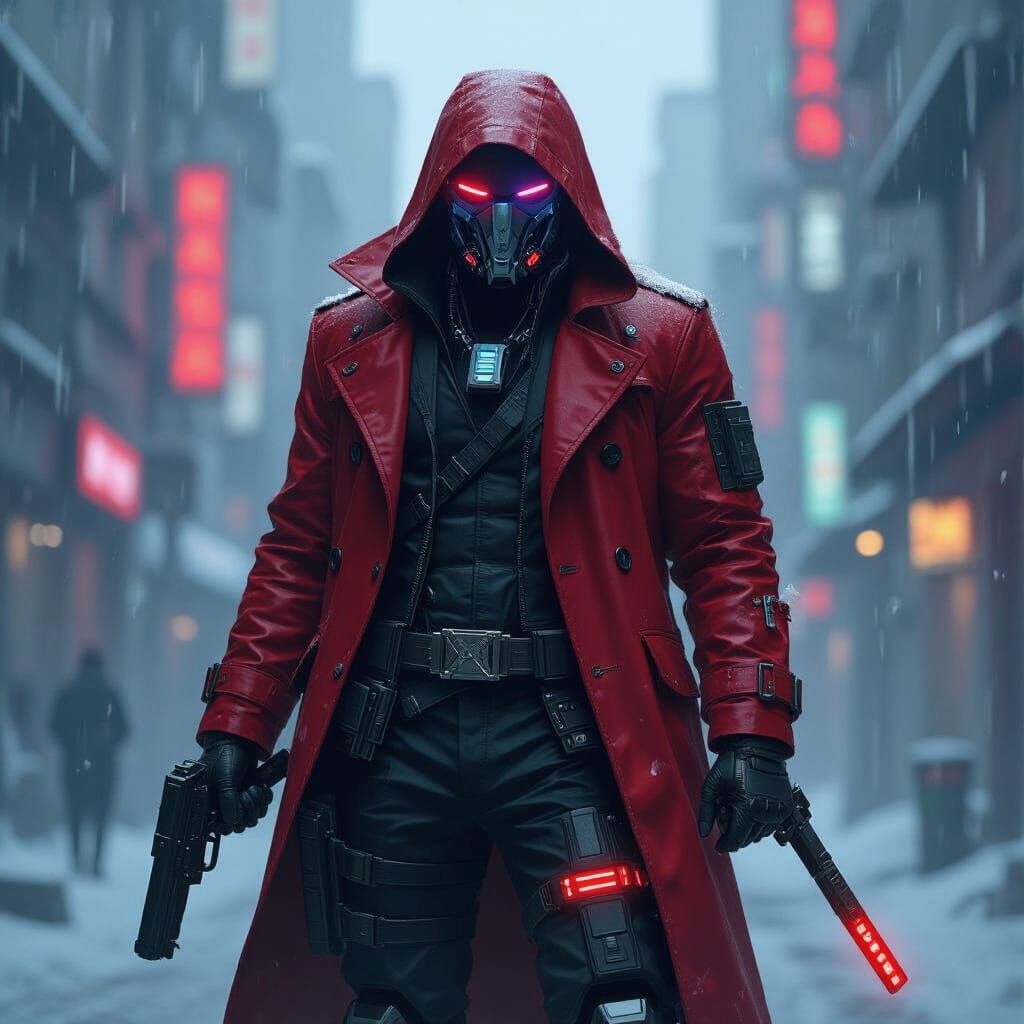 Cyberpunk Raider in Frozen City with Neon Clock