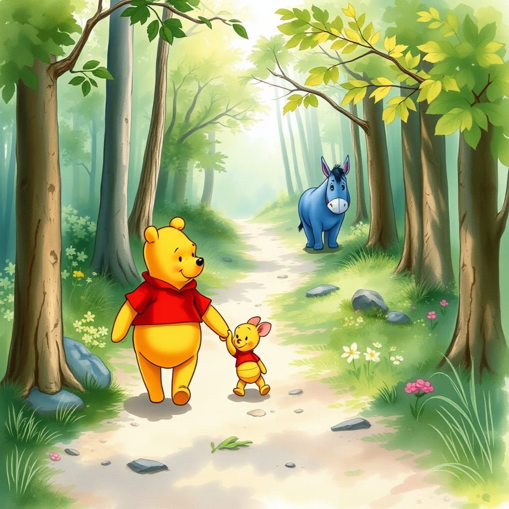 Winnie The Pooh holding Piglet's hand, while walking down the trail, Eeyore follows behind