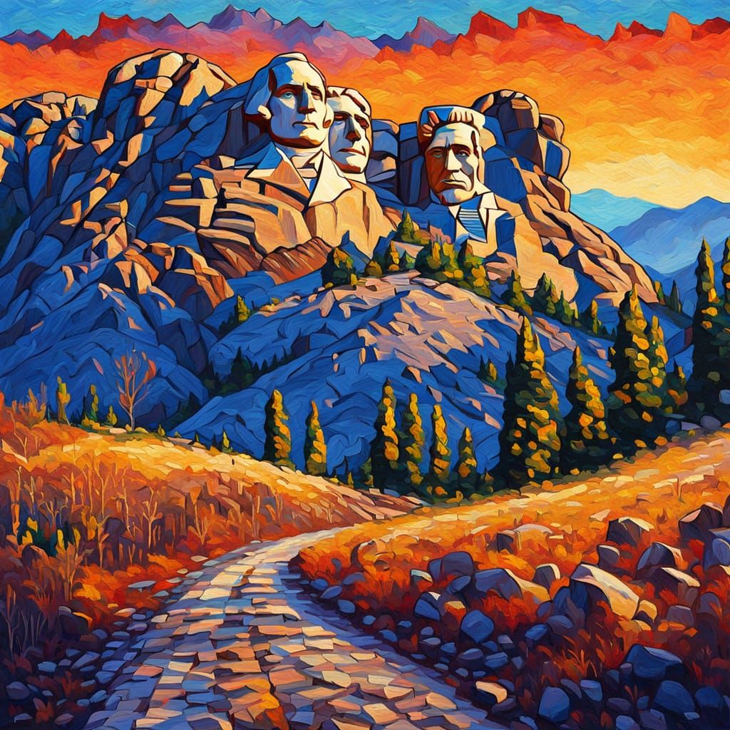 Rushmore Mountain Landscape in Neo-Impressionist Style
