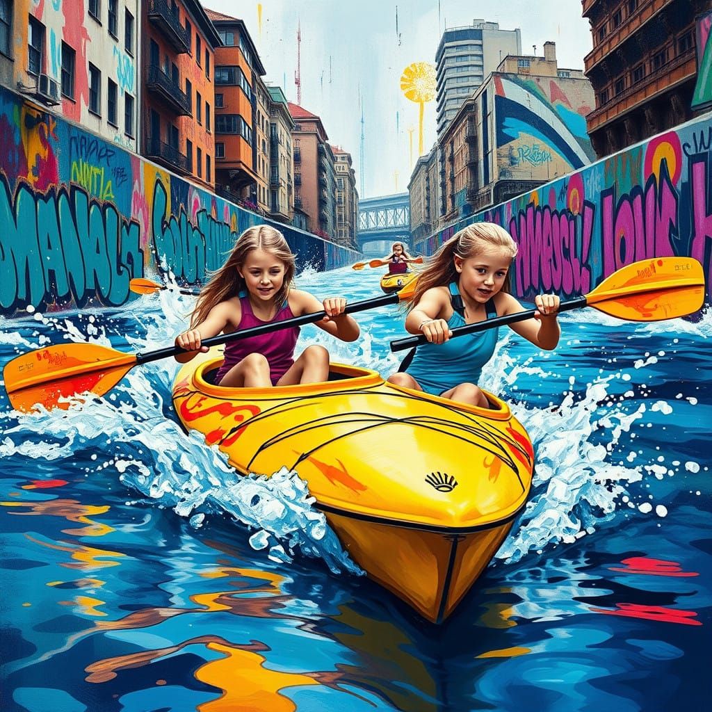 Girls Paddle Kayaks Amidst Vibrant Urban Graffiti