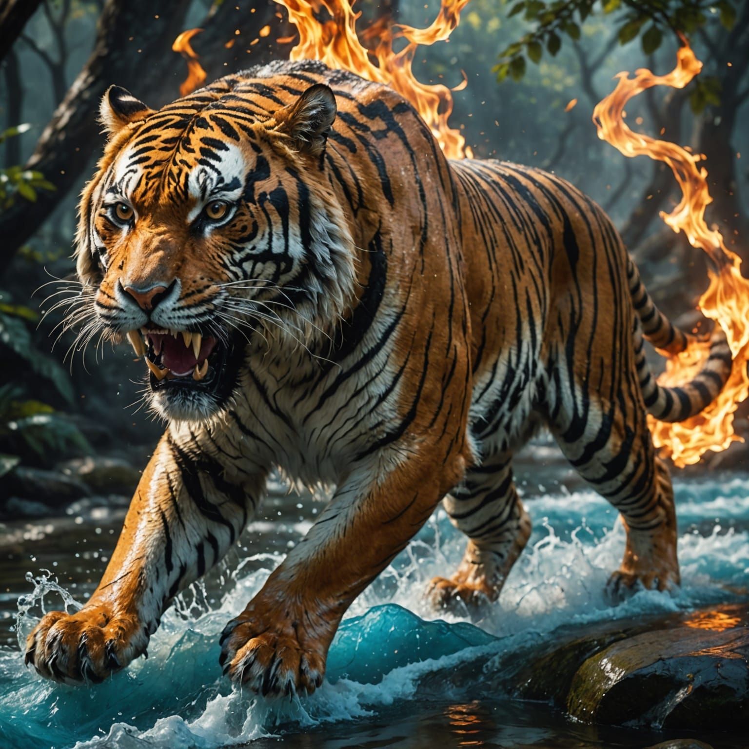 Fiery Cheetah and Leaping Tiger Fantasy Art
