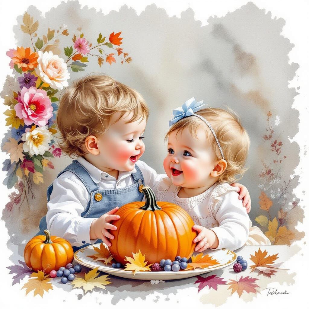 Ethereal Thanksgiving Scene with Children and Flowers