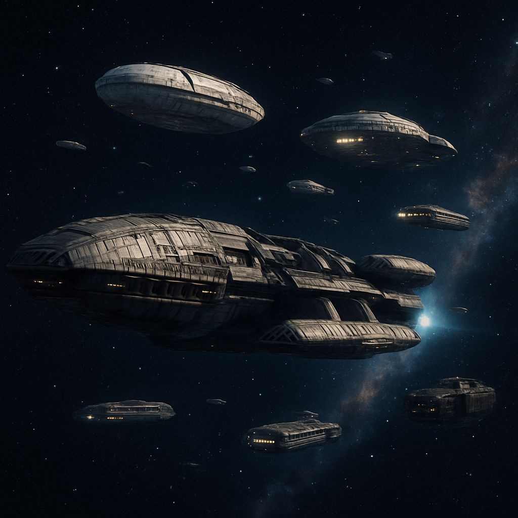 Battlestar Galactica Leading Colonial Fleet Through Space