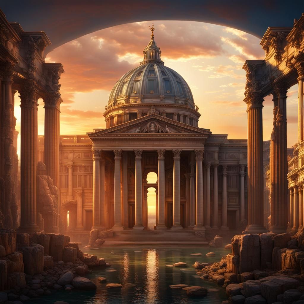 Fantastical Palace with Aqueducts at Sunset