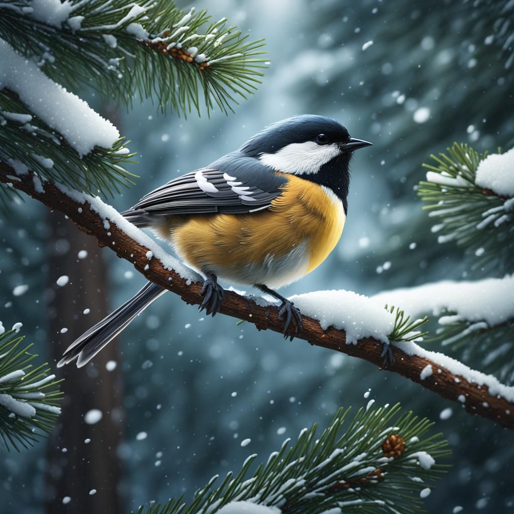 Chickadee in Snowy Pine: Detailed Matte Painting
