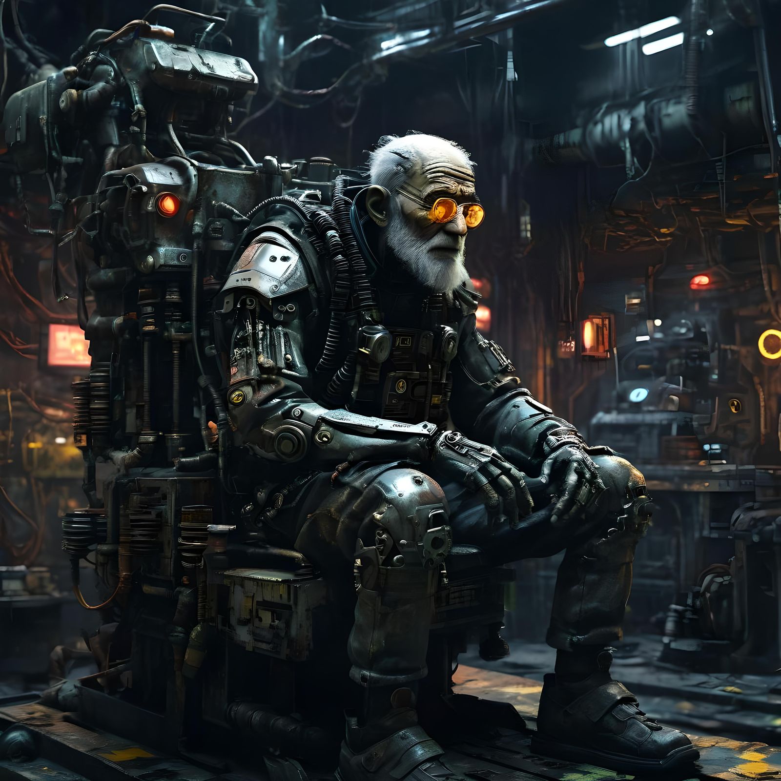 Cyborg Pilot in Dreary Cyberpunk Setting