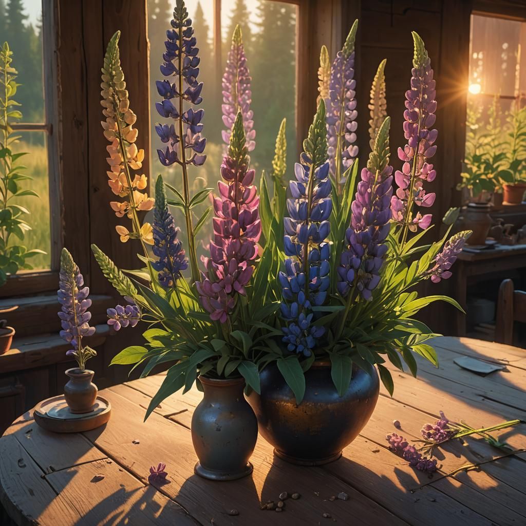 Lupins in Vase on Weathered Table, Digital Painting