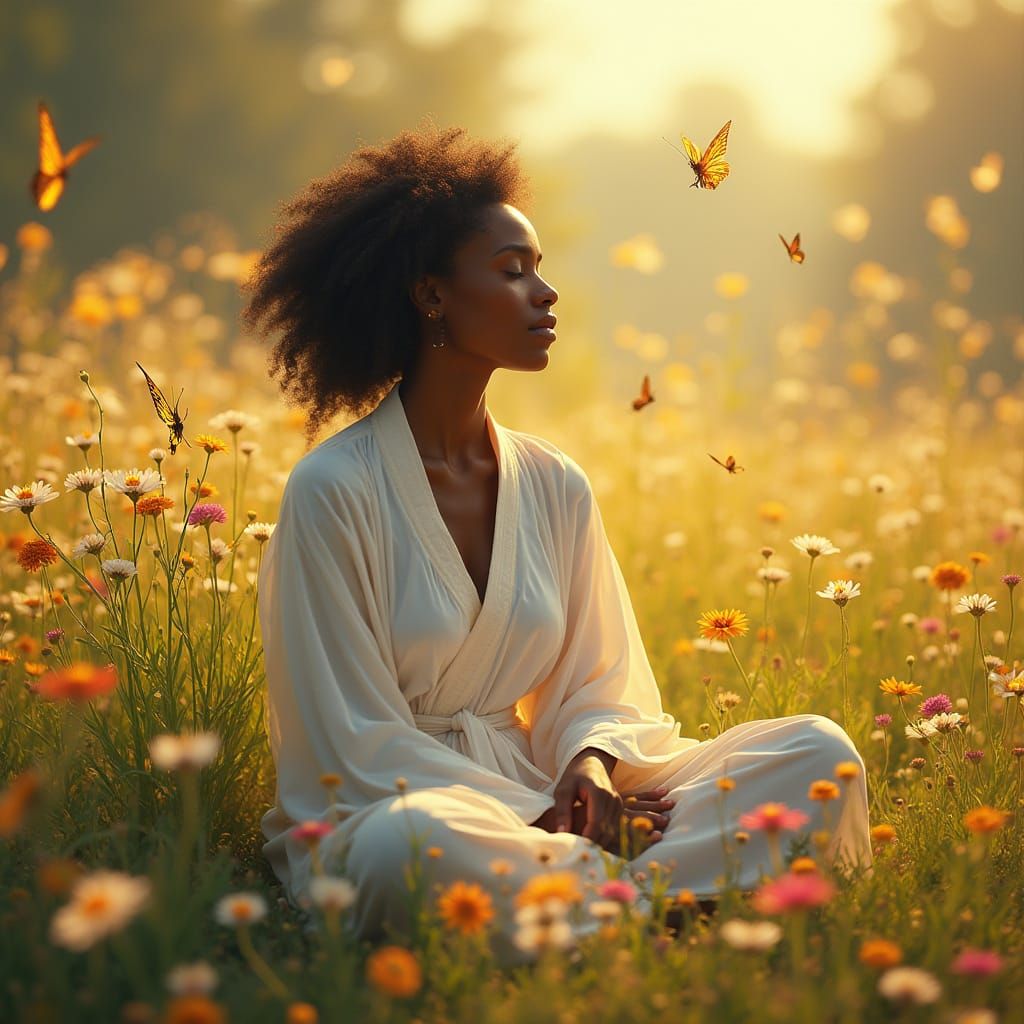 Serene Black Woman Meditating in Vibrant Wildflower Meadow