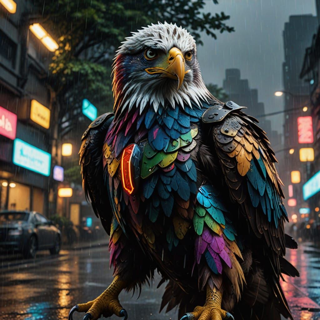 Cyberpunk Eagle in Neon Armor Soars Through Rainy City