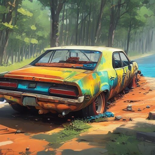 Vibrant Cars in a Wrecked Van Scene