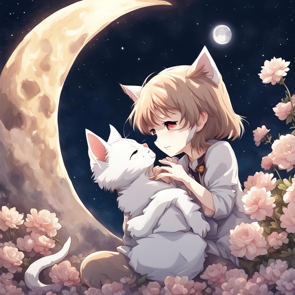 Cute Kittens Kissing on the Moon in Anime Style