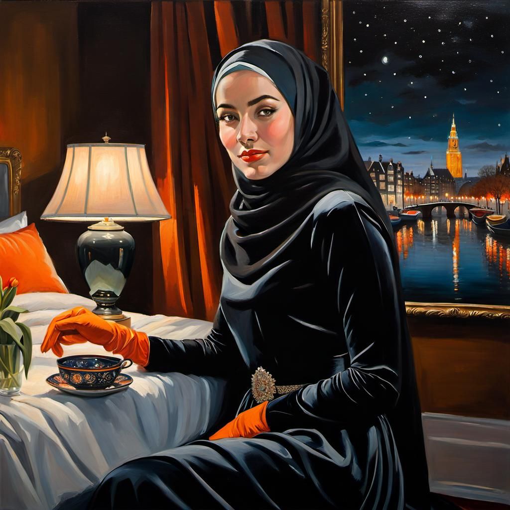 Dutch Girl in Amsterdam Bedroom: Oil Painting