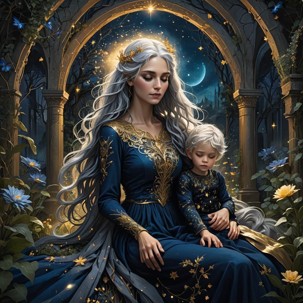 Nyx Goddess in Underground Garden with Sleeping Son
