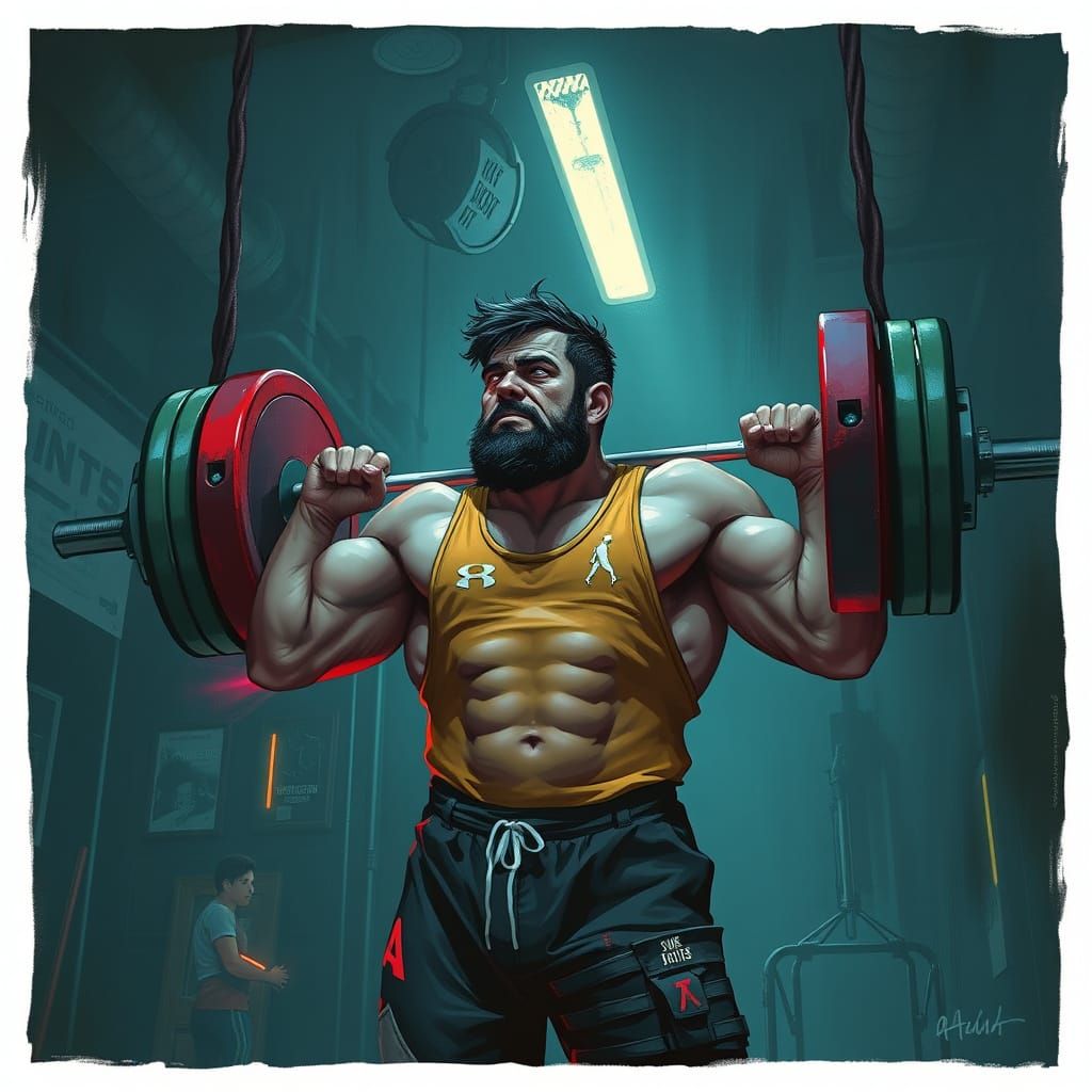 Weightlifter Mid-Deadlift in Cyberpunk Gritty Gym