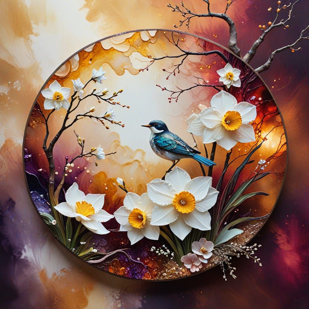 Alcohol Ink Art: Clouds, Narcissus Flowers, and Bird