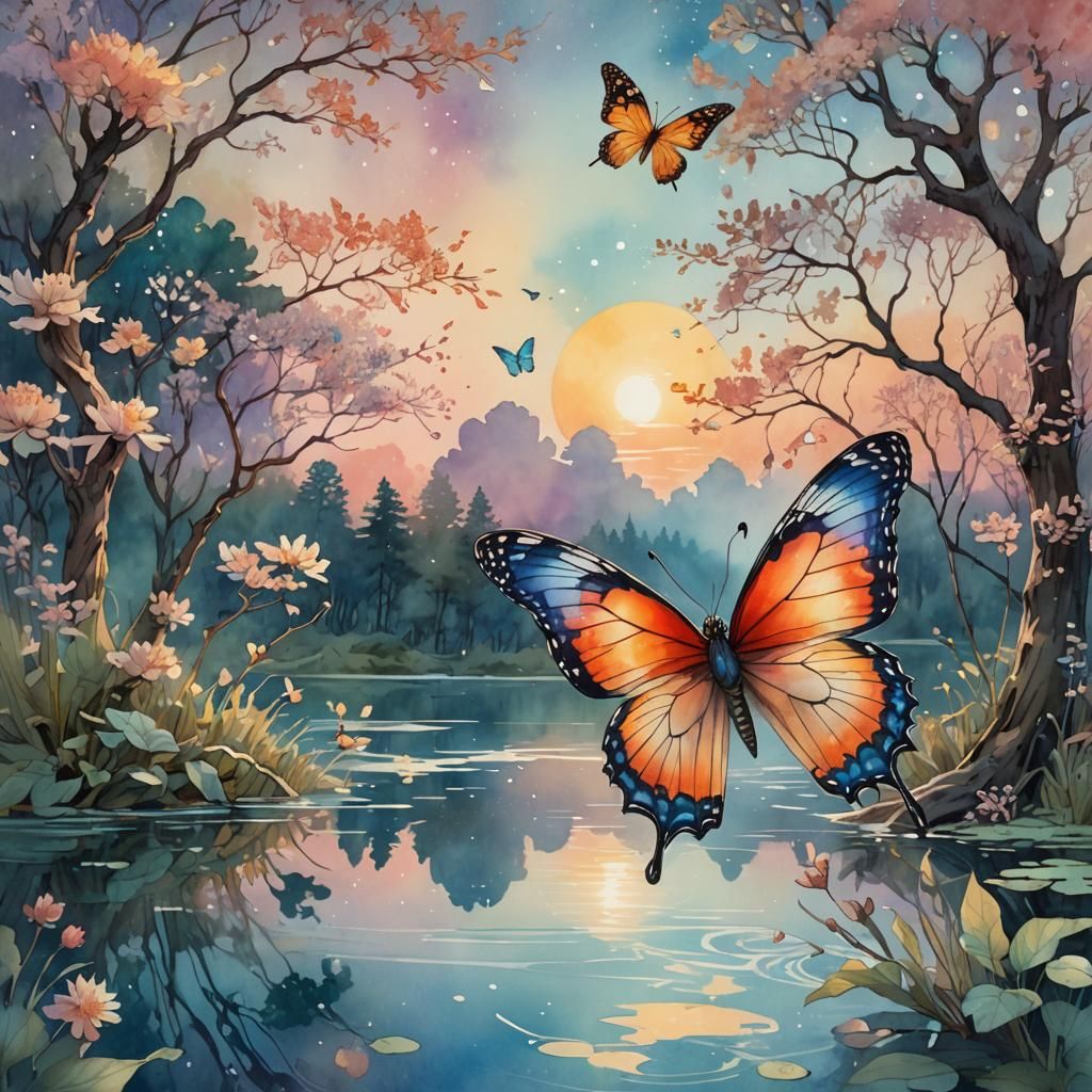 Butterfly Reveals Sunset Lake in Watercolor Fantasy Art
