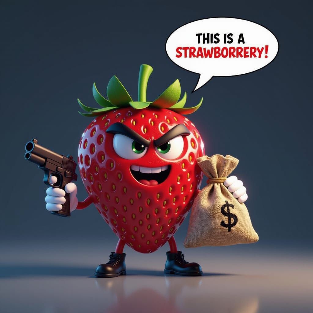 Cartoon Strawberry Heist: Gun, Money Bag, and Pun