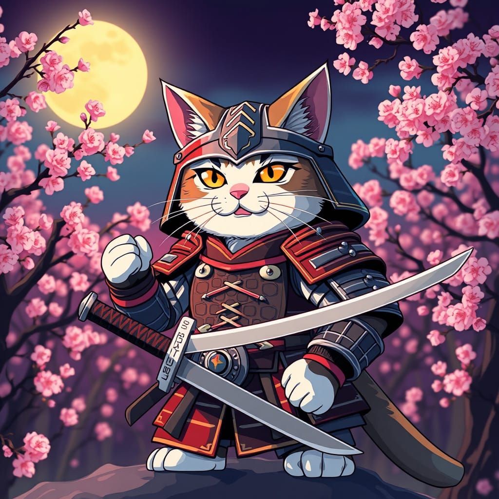 Majestic Samurai Kitty Cat in Traditional Japanese Armor