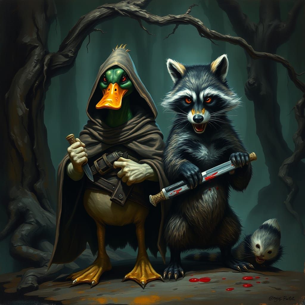 Menacing Duck and Raccoon in Dark Forest Setting