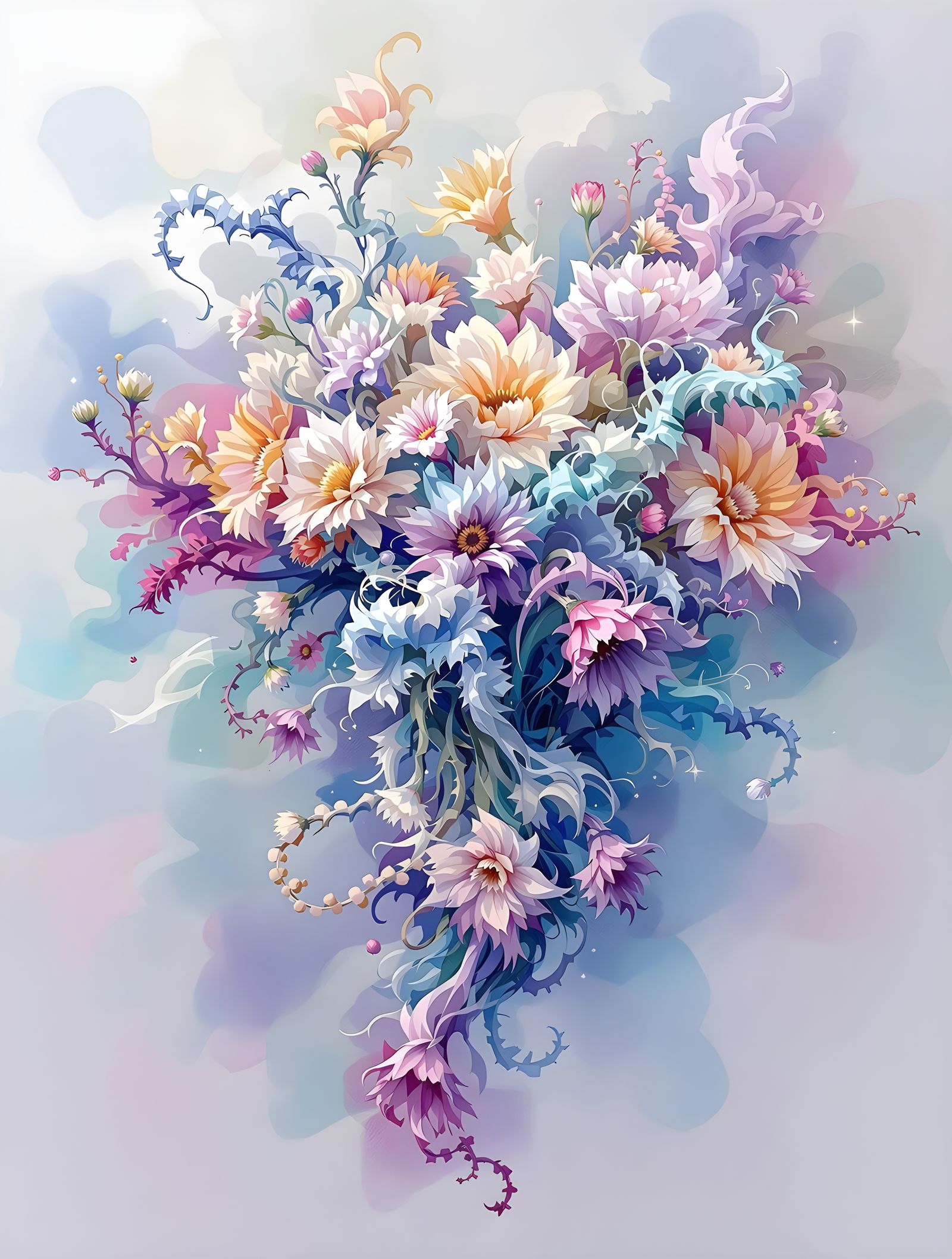 Dreamlike Fractal Bouquet in Digital Watercolor