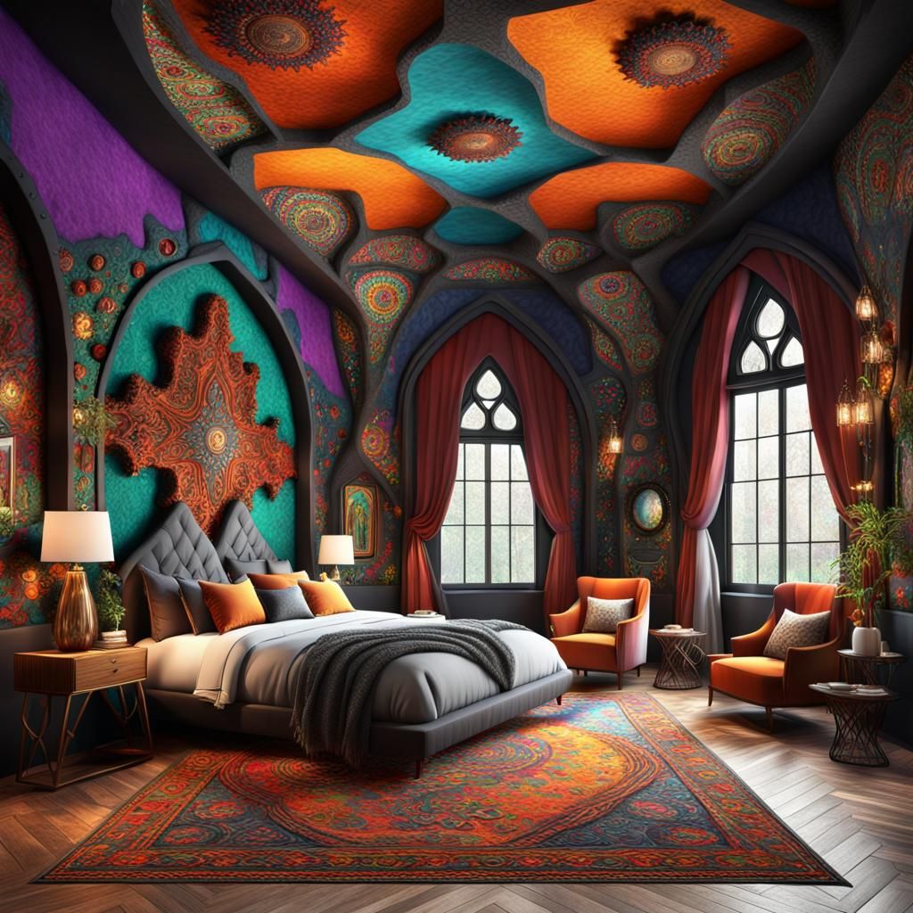Gothic bedroom showcasing contrasting and vibrant colors, combining elements of Bohemian and Nubian art styles.