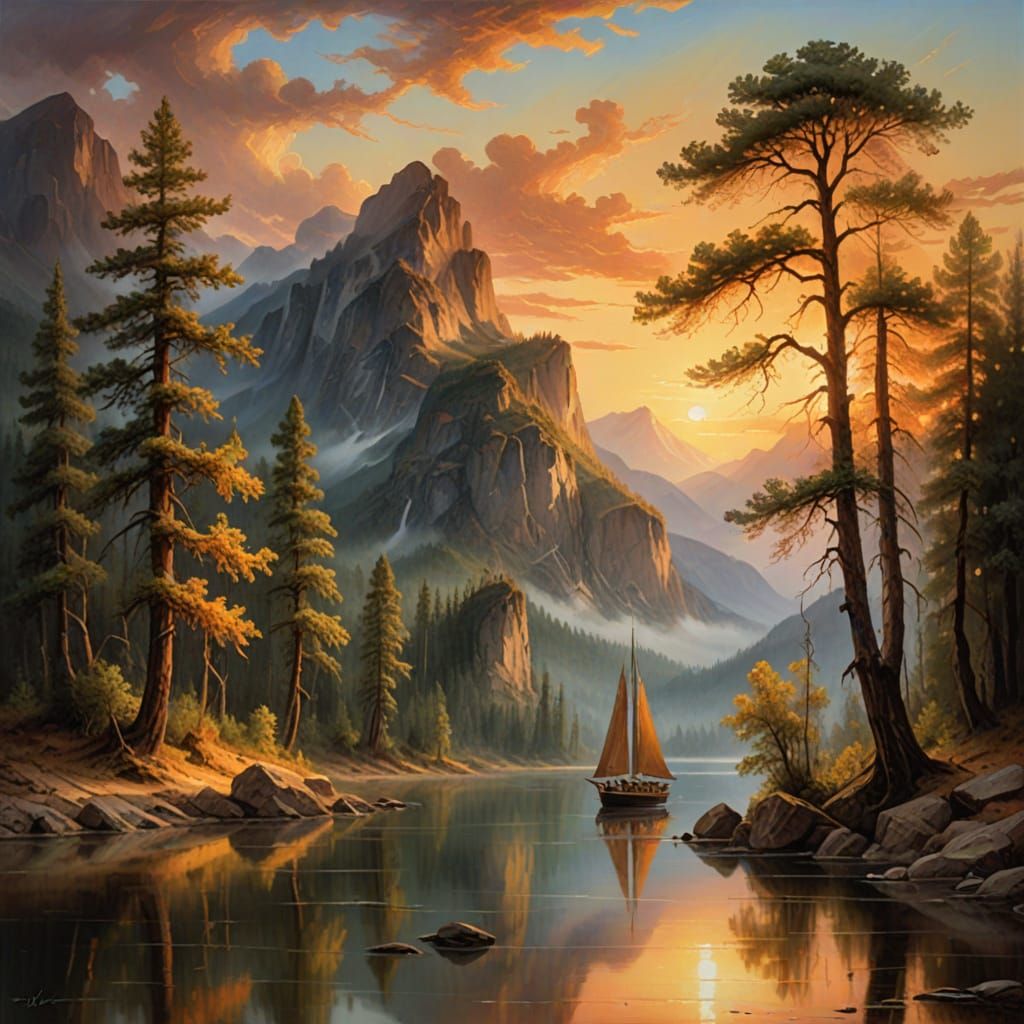 Misty Mountain Yacht Scene at Sunset Oil Painting