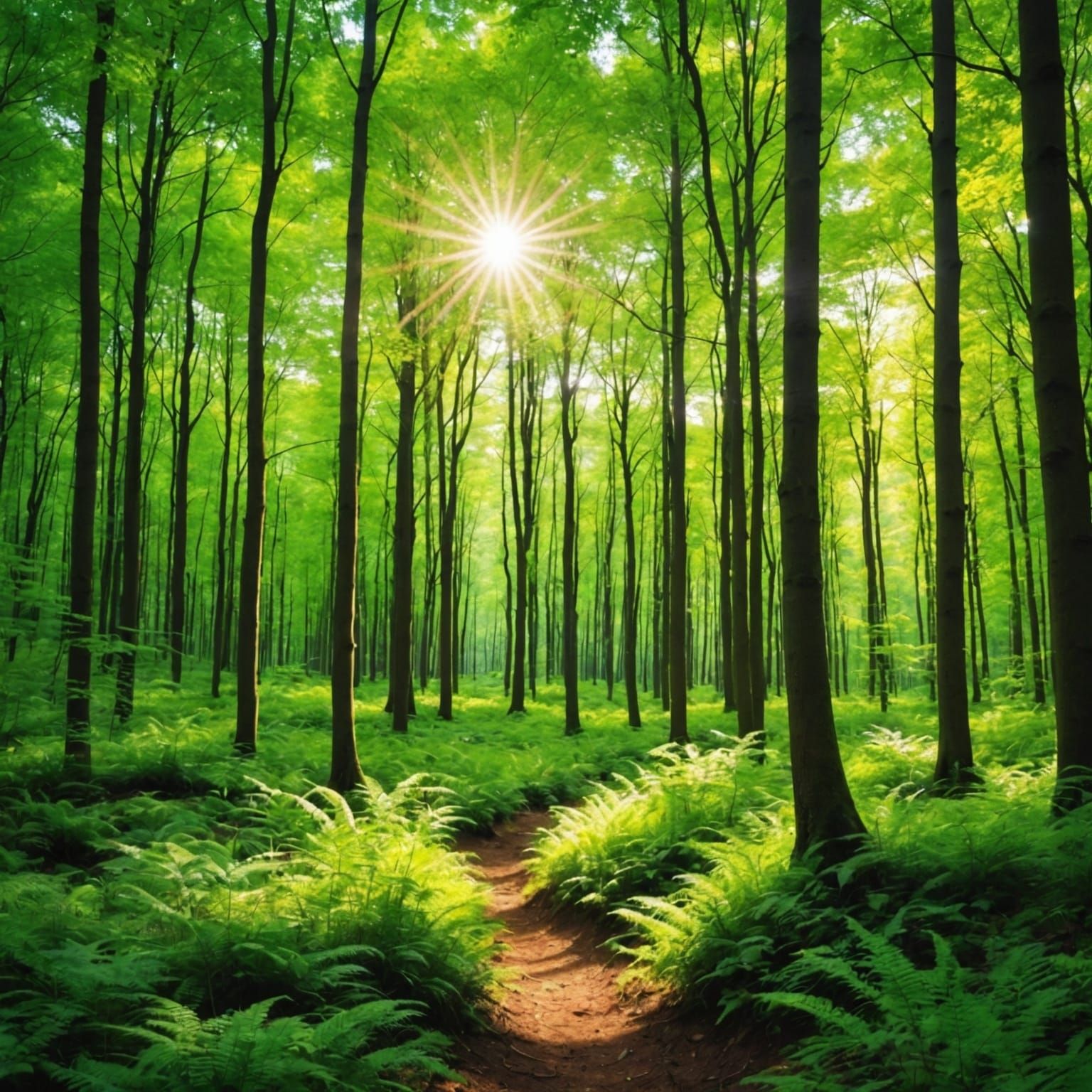 Magical Green Forest with Heavenly Sunlight