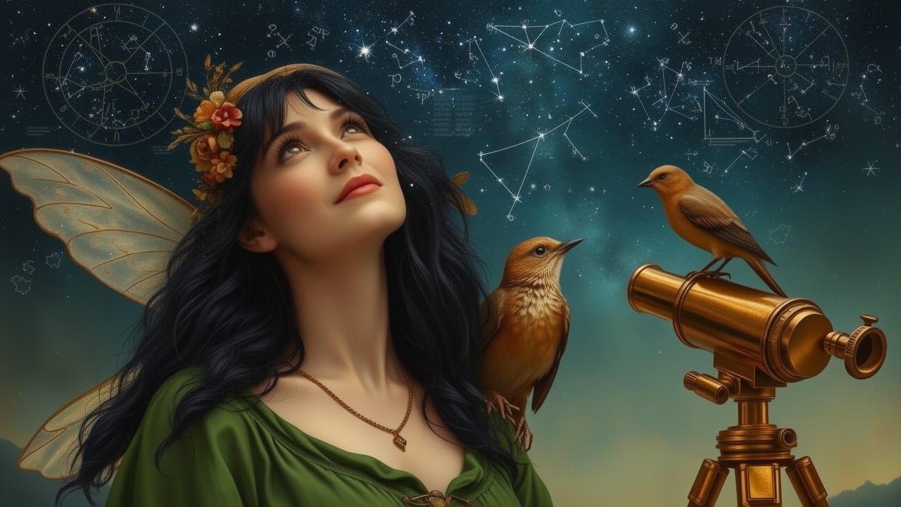 Fairy Woman Stargazing With Brass Telescope