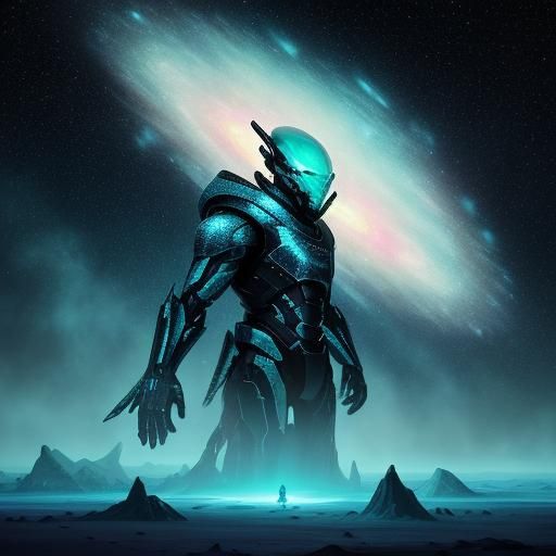 Ice Creature in Galactic Landscape: Digital Painting