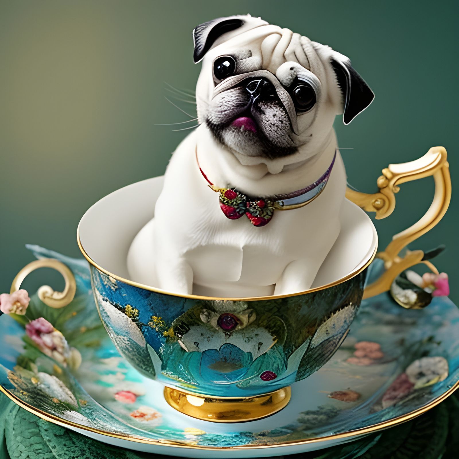 Penny the Pug in a teacup. I adopted Penelope (Penny.) She is one of my favorite things.