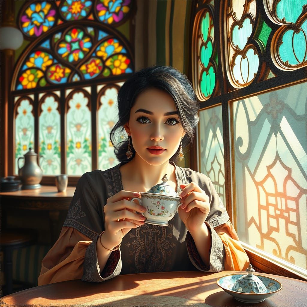 Iranian Woman Sipping Tea in Sunlit Teahouse
