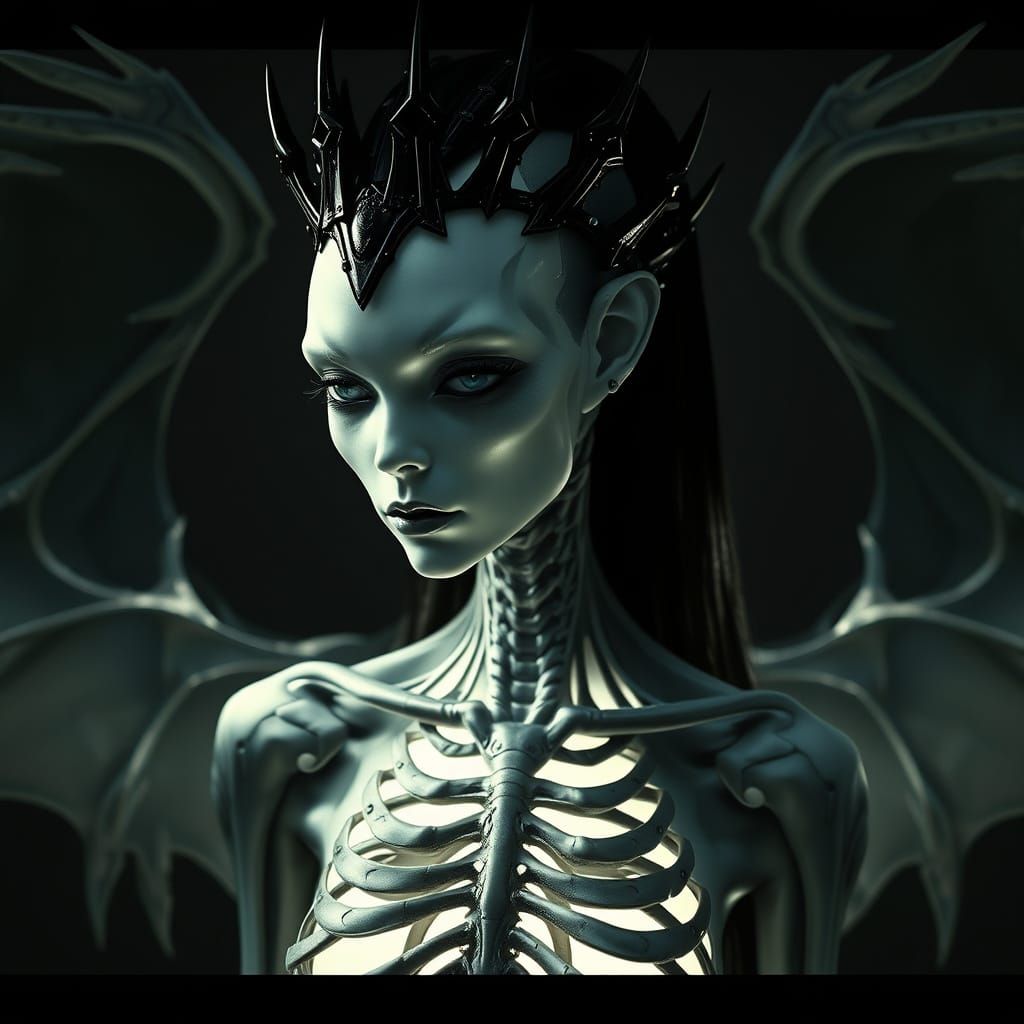 Gothic Alien Woman in Dark, Biomechanical Elegance