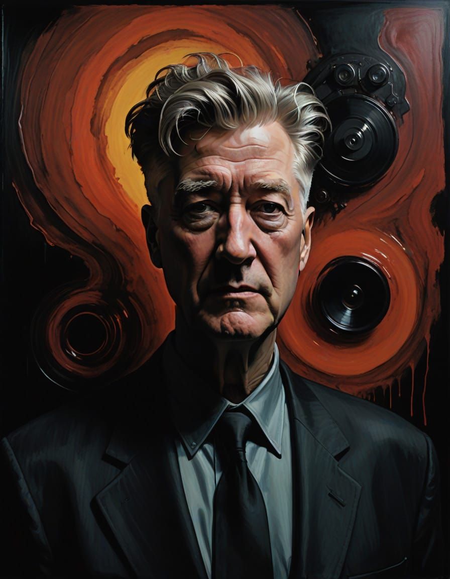 Surreal Portrait of David Lynch in a Smoky, Film Noir-Inspir...