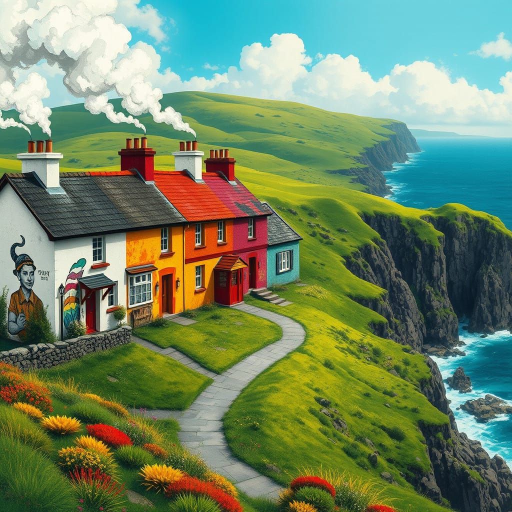 Whimsical Row of Colorful Cottages Amidst Emerald Hills Over...