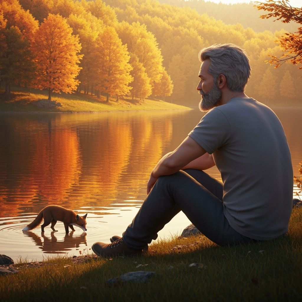 Italian Man Watches Fox by Autumn Lake in Golden Hour