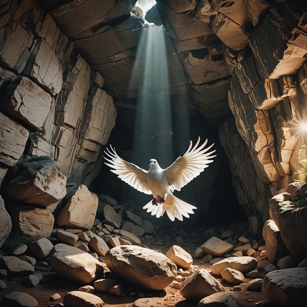 Dramatic Dove in Cave with Light Ray