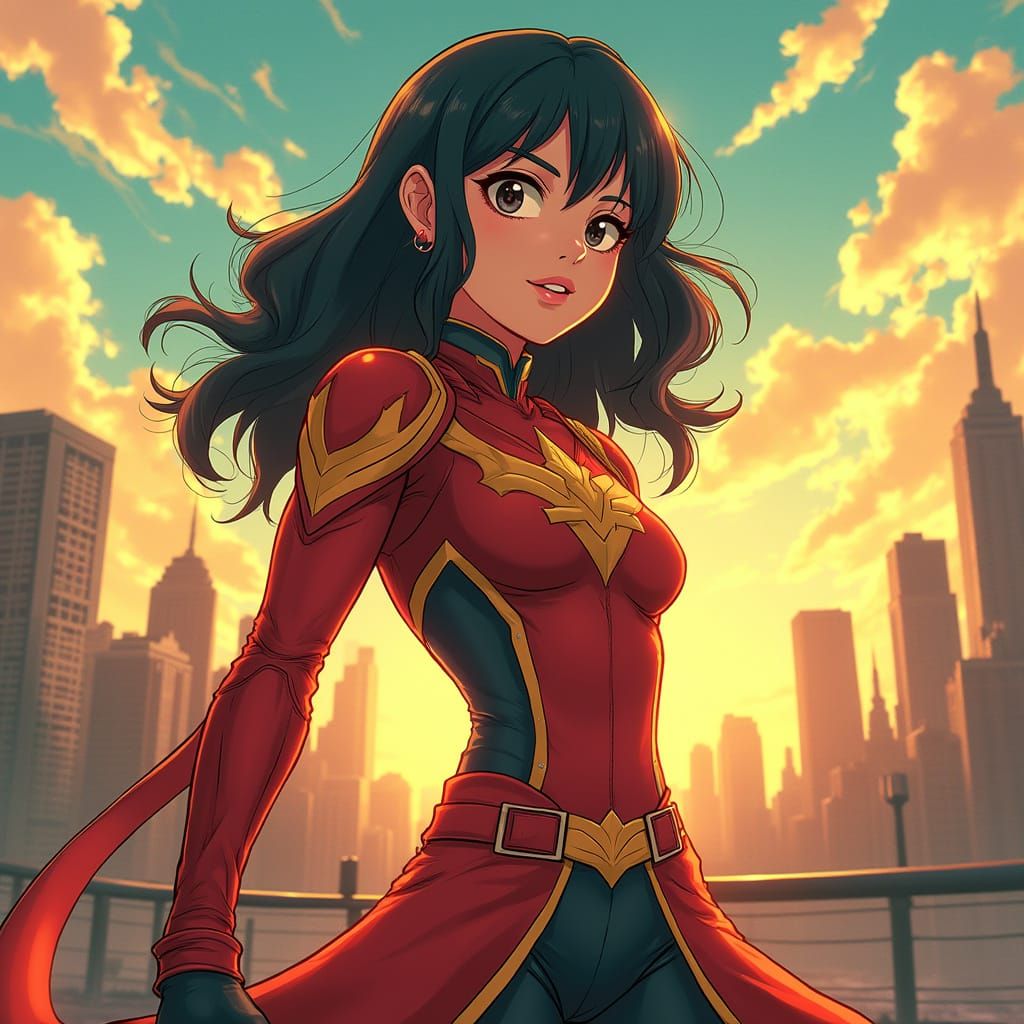 Dynamic Heroine in Anime-Inspired Art Nouveau Cityscape